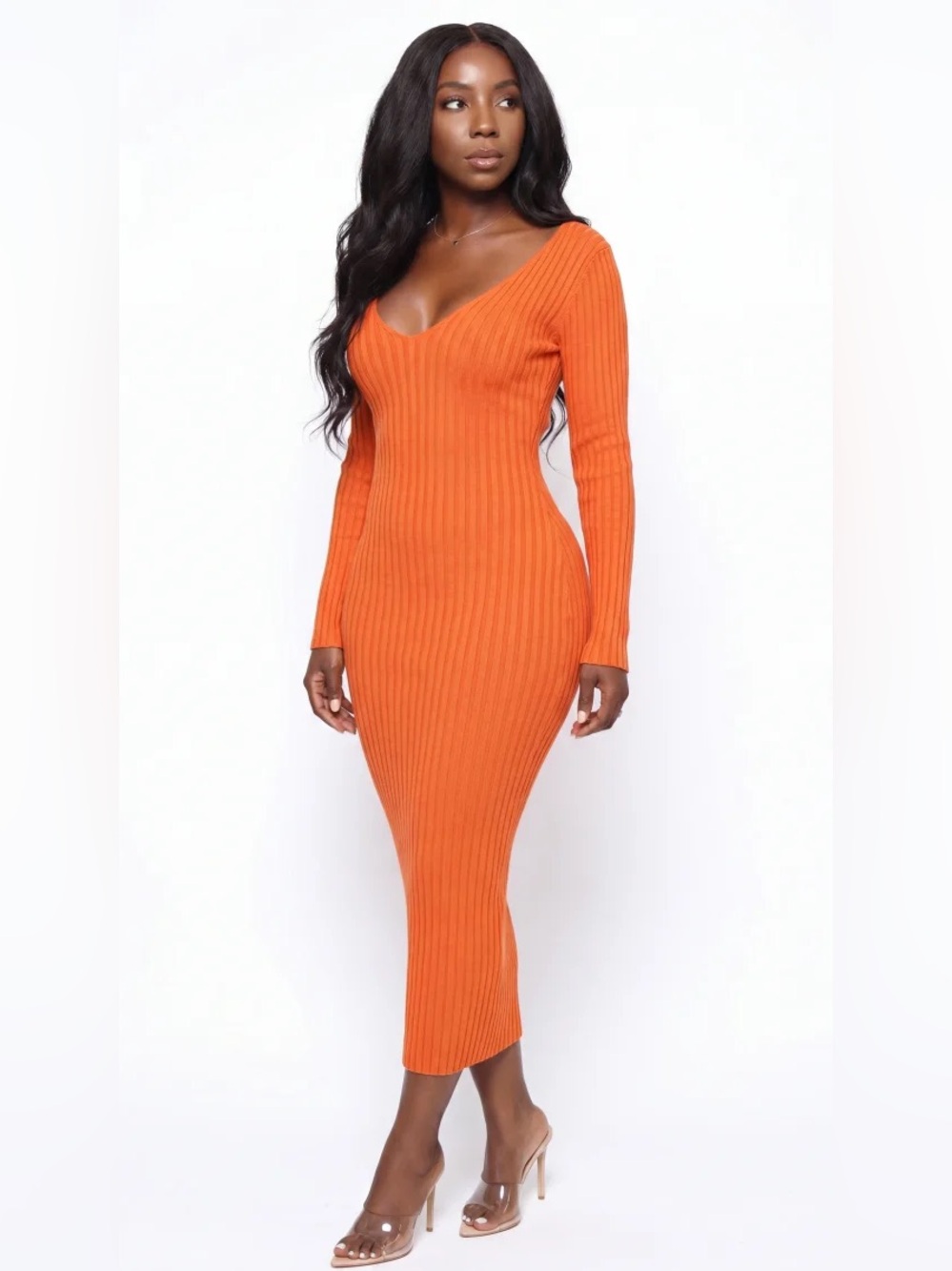 LONG SLEEVE RIB MIDI DRESS